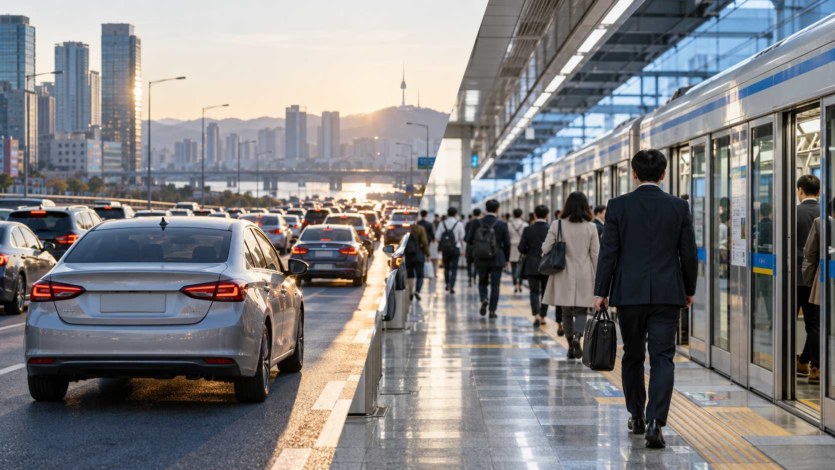 서울 아침 출근길의 자가용과 지하철을 비교한 모습