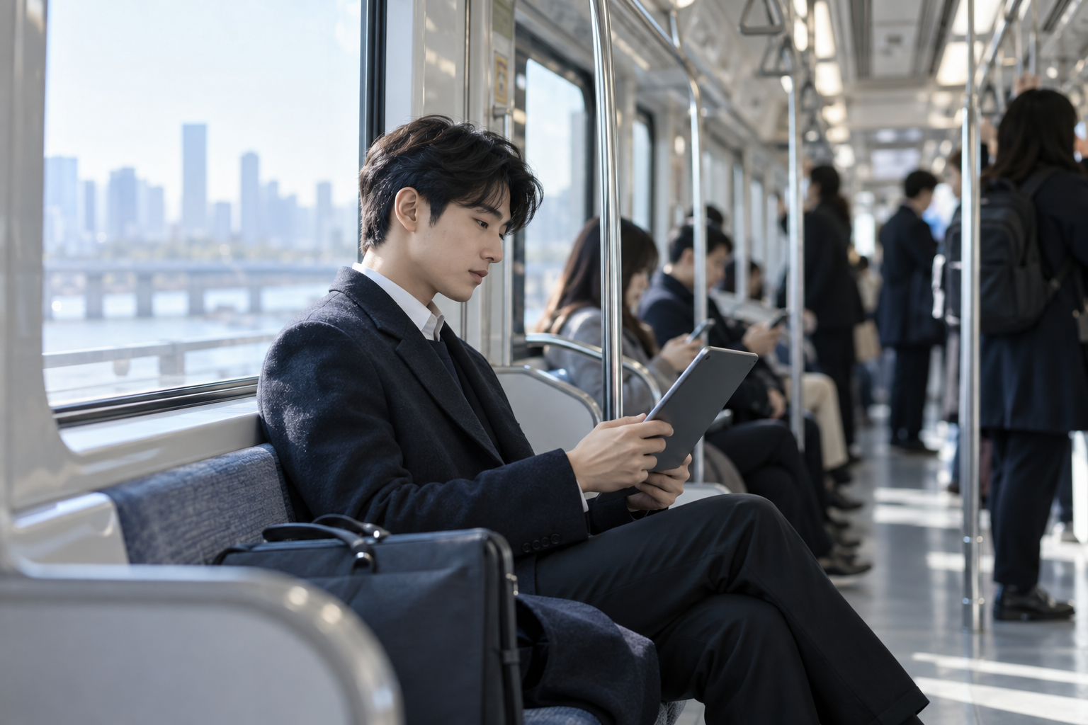 지하철 안에서 태블릿을 읽으며 출근 시간을 활용하는 직장인
