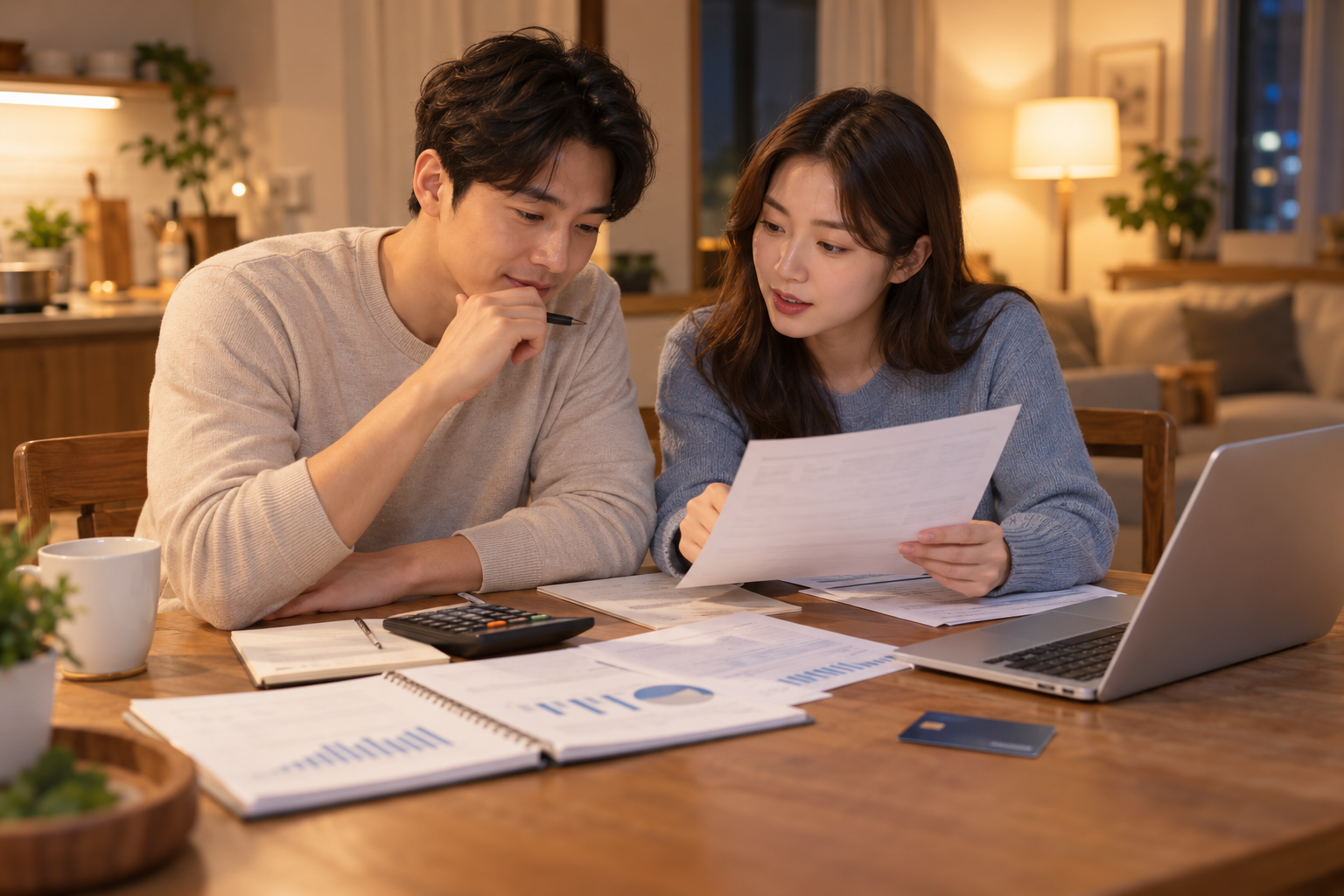 부부가 카드 명세서와 가계부를 함께 점검하는 장면