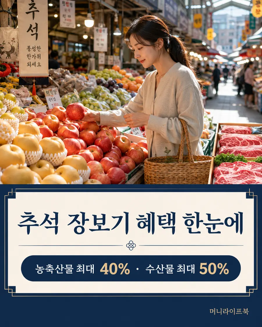 추석 장보기 농축산물 최대 40% 수산물 최대 50% 요약 이미지