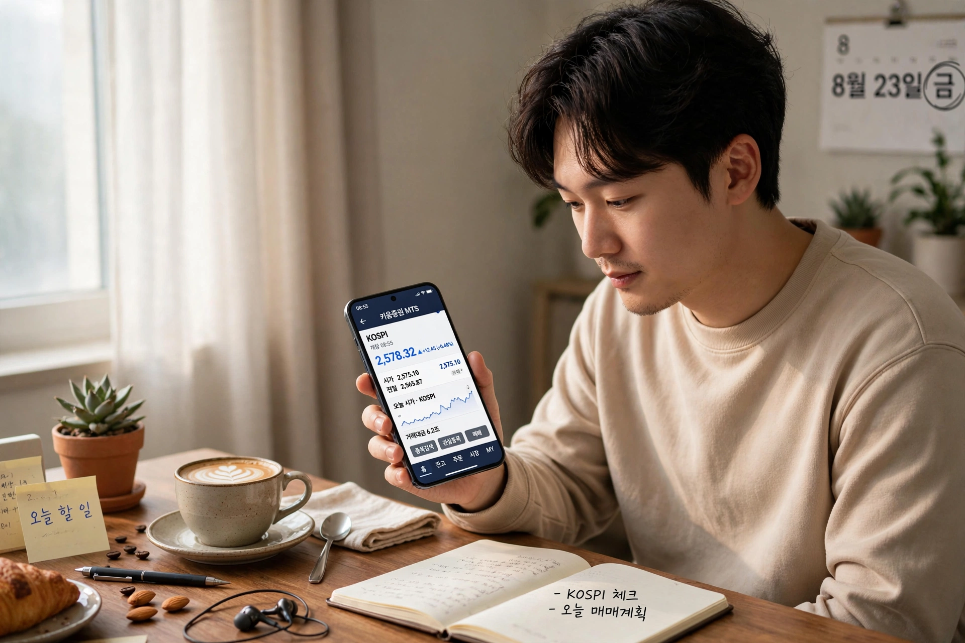 아침 8시 55분 주식 앱을 보는 모습